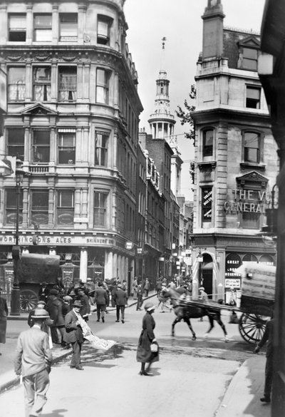 Cannon Street y la Iglesia de St Mary Aldermary, Londres, c1920s de George Davison Reid