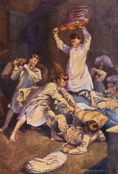 Despojándose de las fundas de sus almohadones, se enfrentarían en una refriega mortal (litografía en color) de George Derville (after) Rowlandson