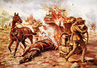 El Bombardero Actuante H.A. Creasey ayudando a descargar un vagón de municiones en llamas bajo un intenso fuego de artillería de George Derville Rowlandson