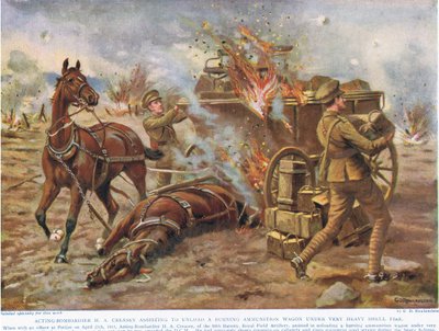 El bombardero H.A. Creasey ayudando a descargar un carro de municiones en llamas bajo un intenso fuego de artillería, ilustración de 