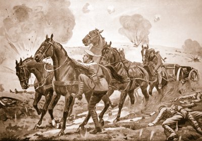 El cabo Holmes toma el lugar de un conductor herido y ayuda a sacar un cañón de acción bajo fuego intenso de George Derville Rowlandson