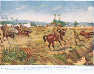 El soldado C. Hull salvando la vida del Capitán G.E.D. Learoyd, bajo fuego, ilustración de 