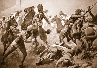 Risaldar Santa Singh, Dafadar Bisham Singh y Sowar Buda Singh rompiendo las filas de los árabes en ayuda del Capitán Willoughby de George Derville Rowlandson