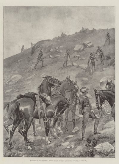 Soldado del Imperial Light Horse sosteniendo caballos durante un ataque de George Derville Rowlandson