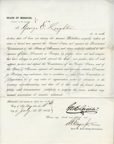 Juramento de lealtad de George E. Leighton de Missouri, Condado de St. Louis de George Eliot Leighton