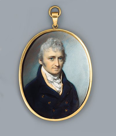 Sr. Uthoff, con abrigo azul con botones dorados, chaleco color ante y corbata anudada, cabello rizado empolvado, 1805 de George Engleheart