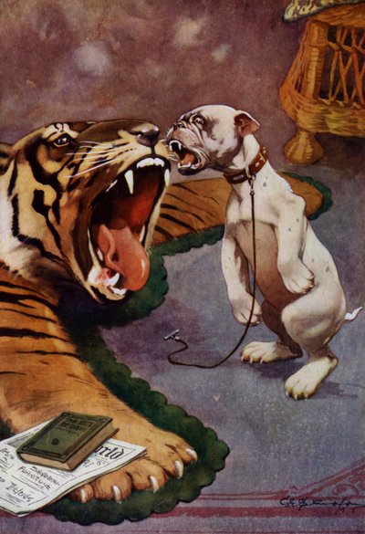 Tiger, Tiger - perro ladrando a una alfombra de tigre (litografía en color) de George Ernest (after) Studdy