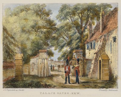 Puertas del Palacio, Kew, lámina 3 de Jardines de Kew: Una serie de veinticuatro dibujos en piedra, grabado por Charles Hullmandel publicado en 1820 de George Ernest after Papendiek