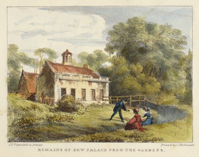 Restos del Palacio de Kew desde los Jardines, lámina 6 de Jardines de Kew: Una serie de veinticuatro dibujos en piedra, grabado por Charles Hullmandel publicado en 1820 de George Ernest after Papendiek