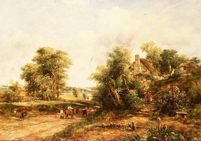 Paisaje de verano al atardecer con arrieros y ganado de George Frederic Watts