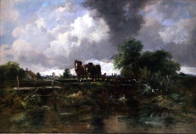 Paisaje fluvial boscoso con caballos trabajando en una esclusa de George Frederic Watts