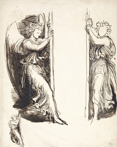 Estudios para ángeles en La Corte de la Muerte (tinta marrón sobre grafito) de George Frederick Watts