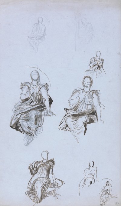 Estudios de una figura sentada con un libro (tinta marrón y grafito sobre papel azul) de George Frederick Watts