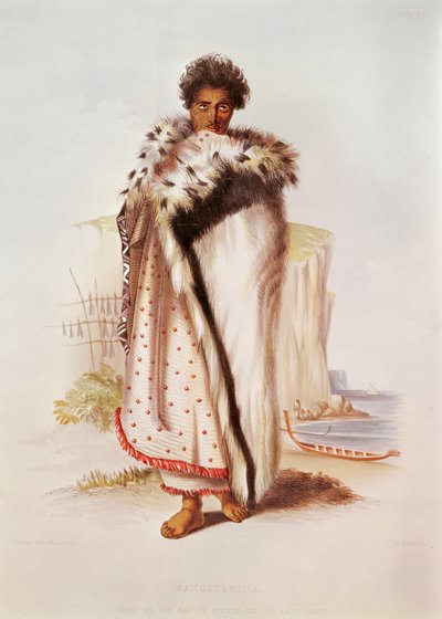 Rangitakina, un jefe de la Bahía de Plenty en la costa este, ilustración de Nueva Zelanda ilustrada, grabada por W. Hawkins, c.1845 de George French Angas