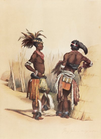 Dos jóvenes zulúes, ataviados con vibrantes trajes tradicionales de George French Angas