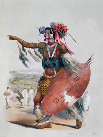 Guerrero zulú, Utimuni, sobrino de Chaka el difunto rey zulú de George French Angas