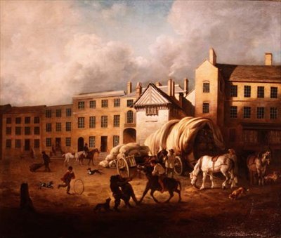 Escena de ciudad del siglo XVIII con figuras y caballos en un patio de George Garrard