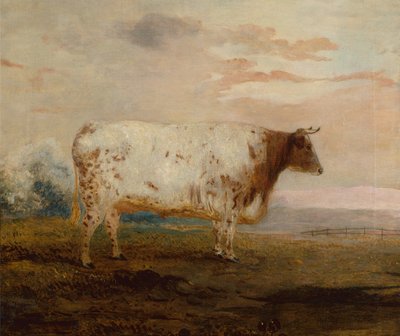 Juno, una vaca roja de cuernos cortos en un extenso paisaje (óleo) de George Garrard