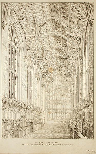 Capilla del New College: vista interior que muestra el diseño alternativo para el techo propuesto de George Gilbert Scott