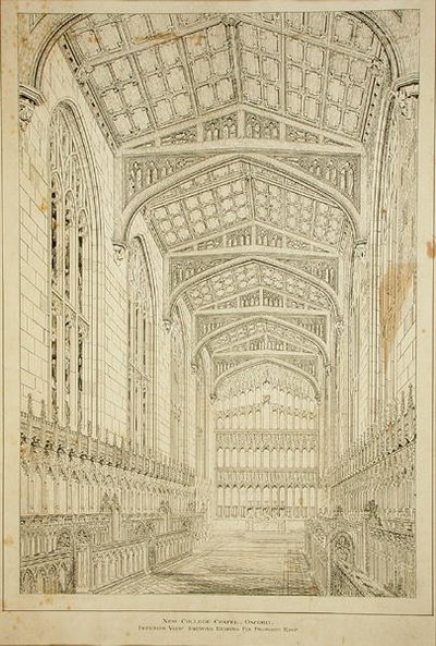 Capilla de New College: Vista interior mostrando diseños para el techo propuesto de George Gilbert Scott