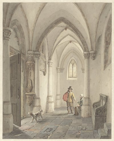 Interior de una iglesia con un hombre dando limosna a una mendiga de George Gillis Haanen