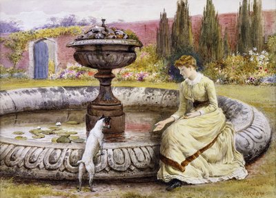 Una dama y un perro junto a una piscina ornamental de George Goodwin Kilburne