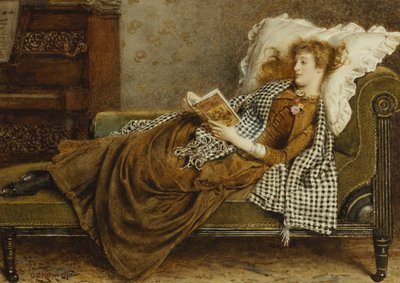 Una joven leyendo en un interior de George Goodwin Kilburne