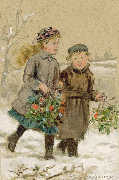 Niños jugando en la nieve - Recogiendo acebo de George Goodwin Kilburne