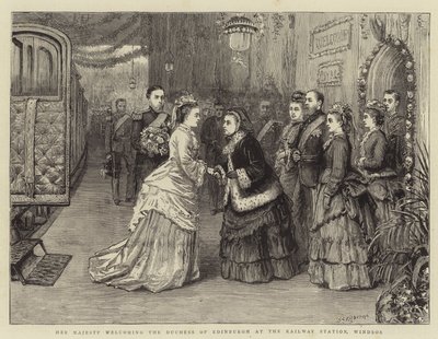 Su Majestad dando la bienvenida a la Duquesa de Edimburgo en la estación de tren, Windsor de George Goodwin Kilburne