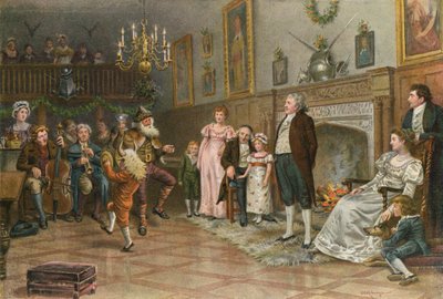 Interior del salón ancestral del escudero: mimos del campo dando un entretenimiento navideño de George Goodwin Kilburne
