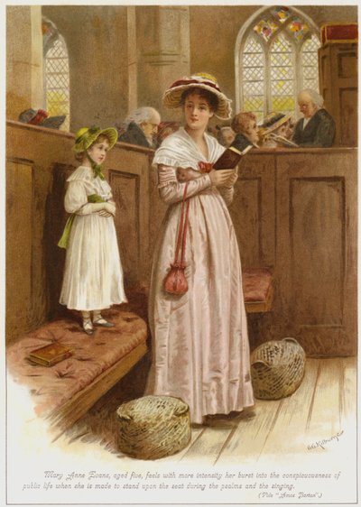 Mary Anne Evans, de cinco años, siente con más intensidad su irrupción en la conciencia de la vida pública cuando la hacen pararse sobre el asiento durante los salmos y el canto de George Goodwin Kilburne