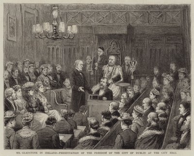 El Sr. Gladstone en Irlanda, presentación de la libertad de la ciudad de Dublín en el Ayuntamiento de George Goodwin Kilburne