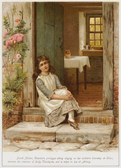 Sarah Shilton, prototipo de Caterina, sentada cantando en la puerta de su madre en Coton, atrae la atención de Lady Newdegate y es llevada a vivir a Arbury de George Goodwin Kilburne