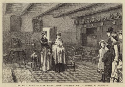 La Exposición de París, la Casa Holandesa, preparativos para un bautizo en Frisia de George Goodwin Kilburne