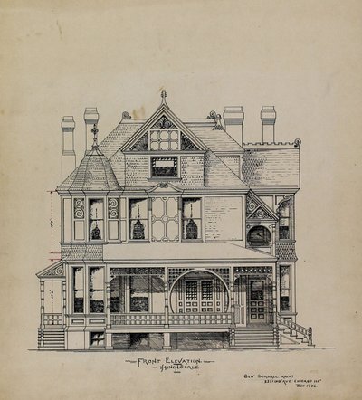 Presentación de los dibujos de diseño, Residencia para el Dr. Stratford, Chicago, Illinois, Elevación frontal de George Gorball