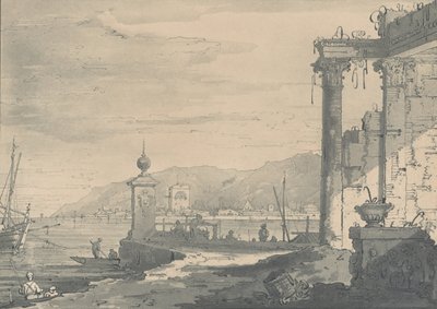 Una escena costera con una ruina clásica a la derecha, 1811 de George Hawkins
