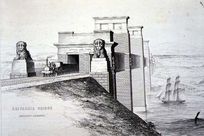 Puente Britannia, Entrada de Anglesey, grabado por el artista, pub. 1849 de George Hawkins