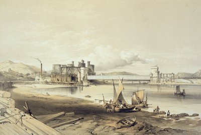 Puente de Conway, construcción del segundo tubo, septiembre de 1848, grabado por el artista de George Hawkins