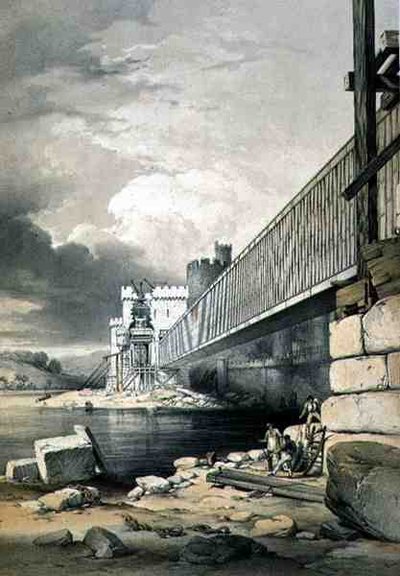 Puente Tubular de Conway, con los preparativos para levantar el segundo tubo, publicado en 1849 de George Hawkins