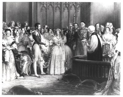 Matrimonio de la Reina Victoria (1819-1901) y el Príncipe Alberto (1819-61) en el Palacio de St. James el 10 de febrero de 1840, grabado por Charles Eden Wagstaff, 1840 de George Hayter