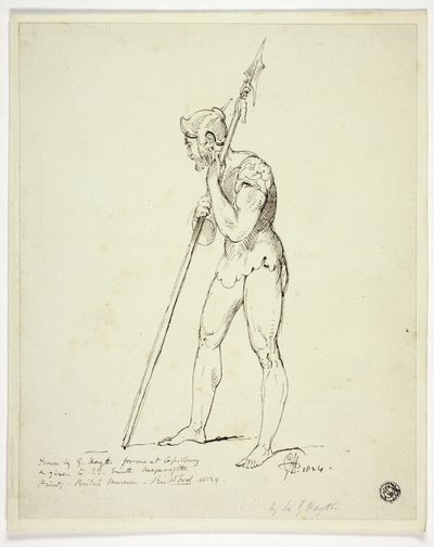 Hombre de pie en armadura sosteniendo una lanza de George Hayter