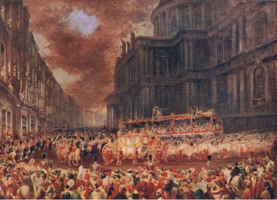 La primera visita de estado de la Reina Victoria a la ciudad de Londres 1837, de Cassells Historia del Pueblo Británico publicada por la Waverley Book Company Limited, c.1940 de George Hayter