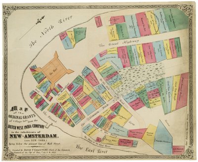 Mapa de las concesiones originales de lotes de aldeas de la Compañía Holandesa de las Indias Occidentales a los habitantes de Nueva Ámsterdam (ahora Nueva York) debajo de la línea actual de Wall Street, 1857 de George Hayward
