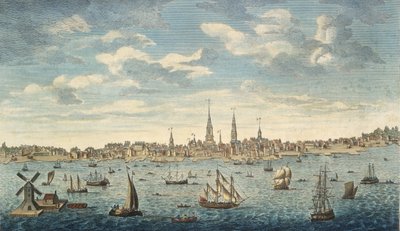 Vista prospectiva este de la ciudad de Filadelfia, en la provincia de Pensilvania, en América del Norte: tomada desde la orilla de Jersey, pub. Londres, 1774 (grabado coloreado a mano) de George Heap