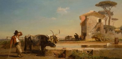 Ganado en un Lugar de Bebida en la Campagna, Roma, 1854 de George Heming Mason