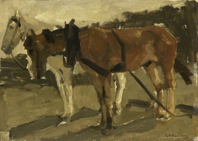 Un caballo marrón y otro blanco en Scheveningen de George Hendrik Breitner