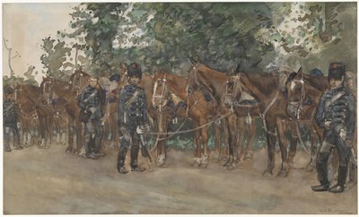 Húsares de pie junto a sus caballos al lado de la carretera de George Hendrik Breitner