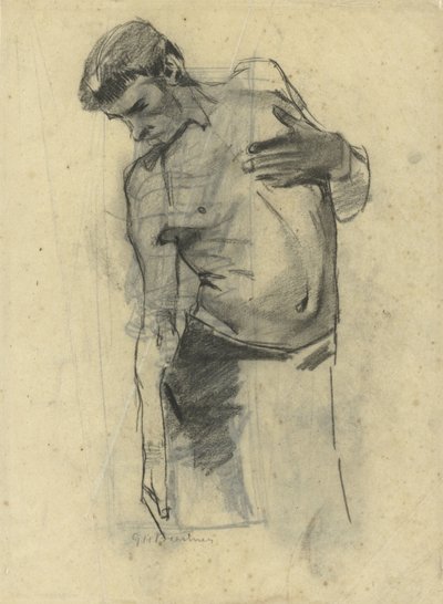 Estudio de modelo de hombre semidesnudo de pie, mirando hacia abajo de George Hendrik Breitner