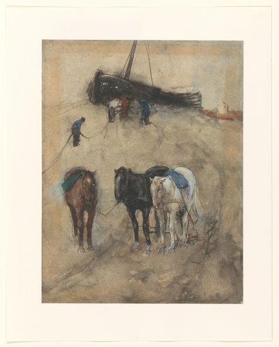 Caballos en la playa, al fondo una barcaza y pescadores de George Hendrik Breitner
