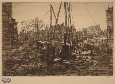 Escena en una ciudad neerlandesa con una hinca pilotes en primer plano de George Hendrik Breitner